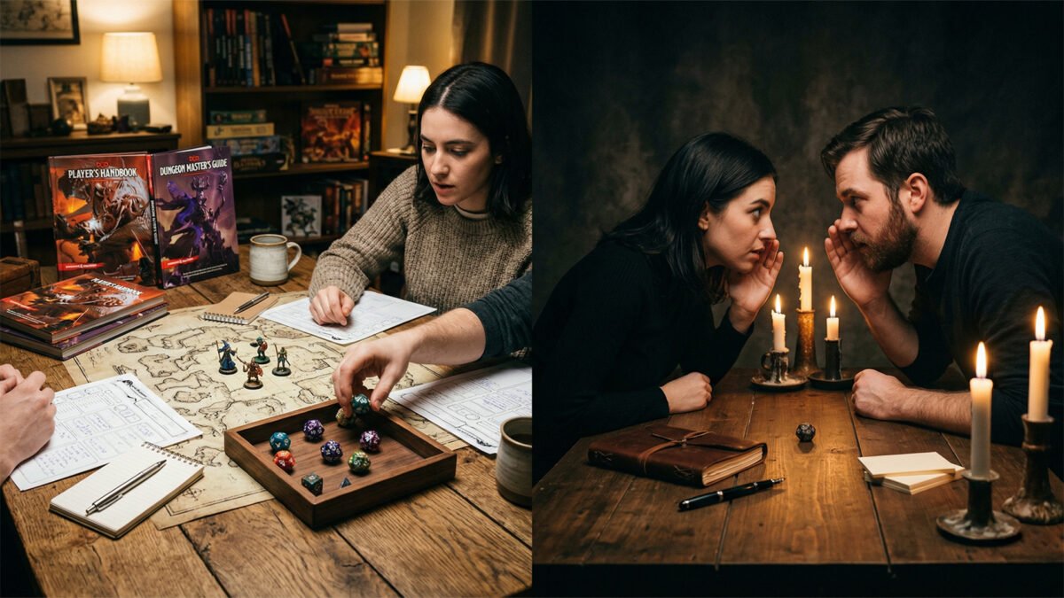 A split photo contrasting two tabletop RPG environments. The left side shows a brightly lit, cozy setup with a player actively using dice, a parchment map with miniatures, and character sheets. The right side shows a dark, intimate storytelling setup lit by candles, with two players leaning in closely as one whispers dramatically to the other, emphasizing suspenseful roleplay.