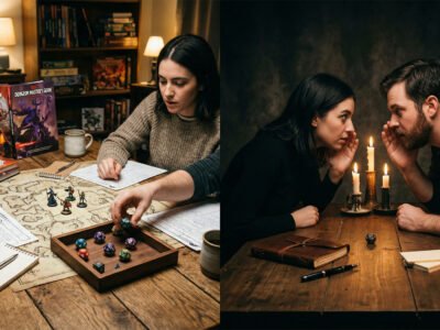A split photo contrasting two tabletop RPG environments. The left side shows a brightly lit, cozy setup with a player actively using dice, a parchment map with miniatures, and character sheets. The right side shows a dark, intimate storytelling setup lit by candles, with two players leaning in closely as one whispers dramatically to the other, emphasizing suspenseful roleplay.