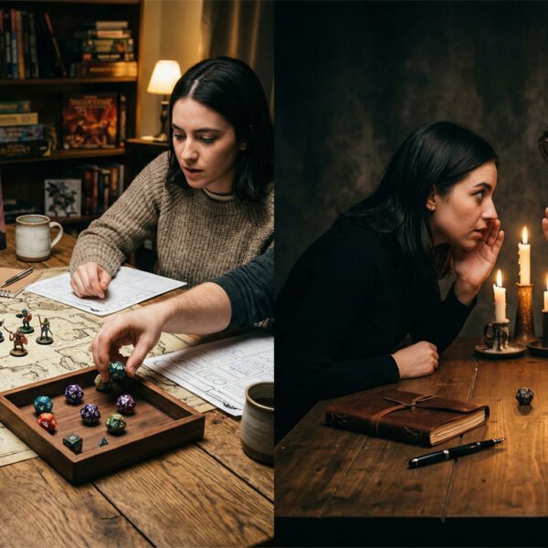 A split photo contrasting two tabletop RPG environments. The left side shows a brightly lit, cozy setup with a player actively using dice, a parchment map with miniatures, and character sheets. The right side shows a dark, intimate storytelling setup lit by candles, with two players leaning in closely as one whispers dramatically to the other, emphasizing suspenseful roleplay.